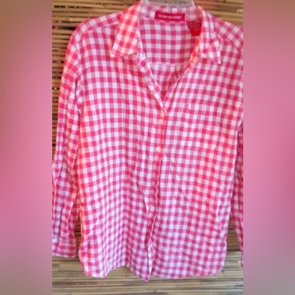 Gloria Vanderbilt L Checked Linen-Cotton Pinky Orangish Button Down Shirt Top - Picture 1 of 8